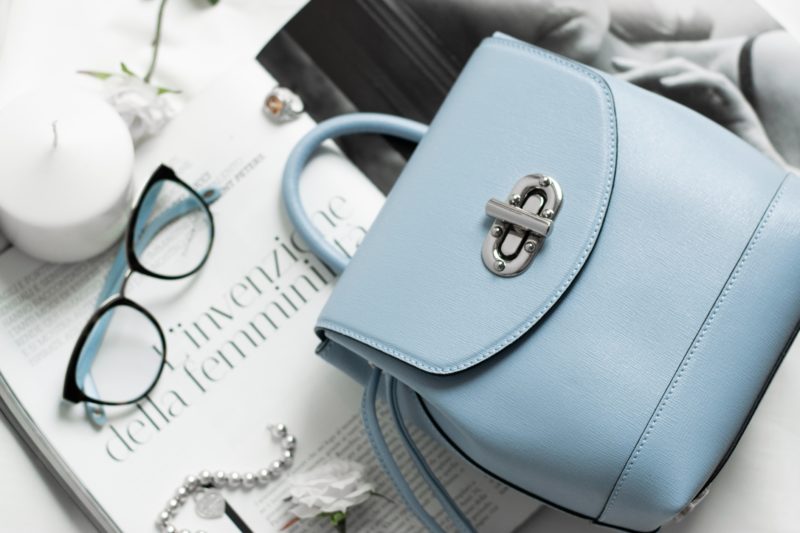 blue leather handbag